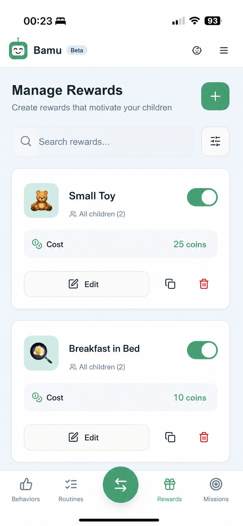 Manage rewards screen in the parent app